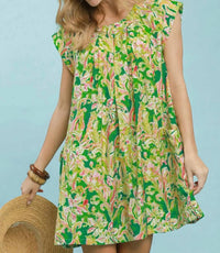 Umgee - Tropical Floral Flutter Sleeve Swing Dress