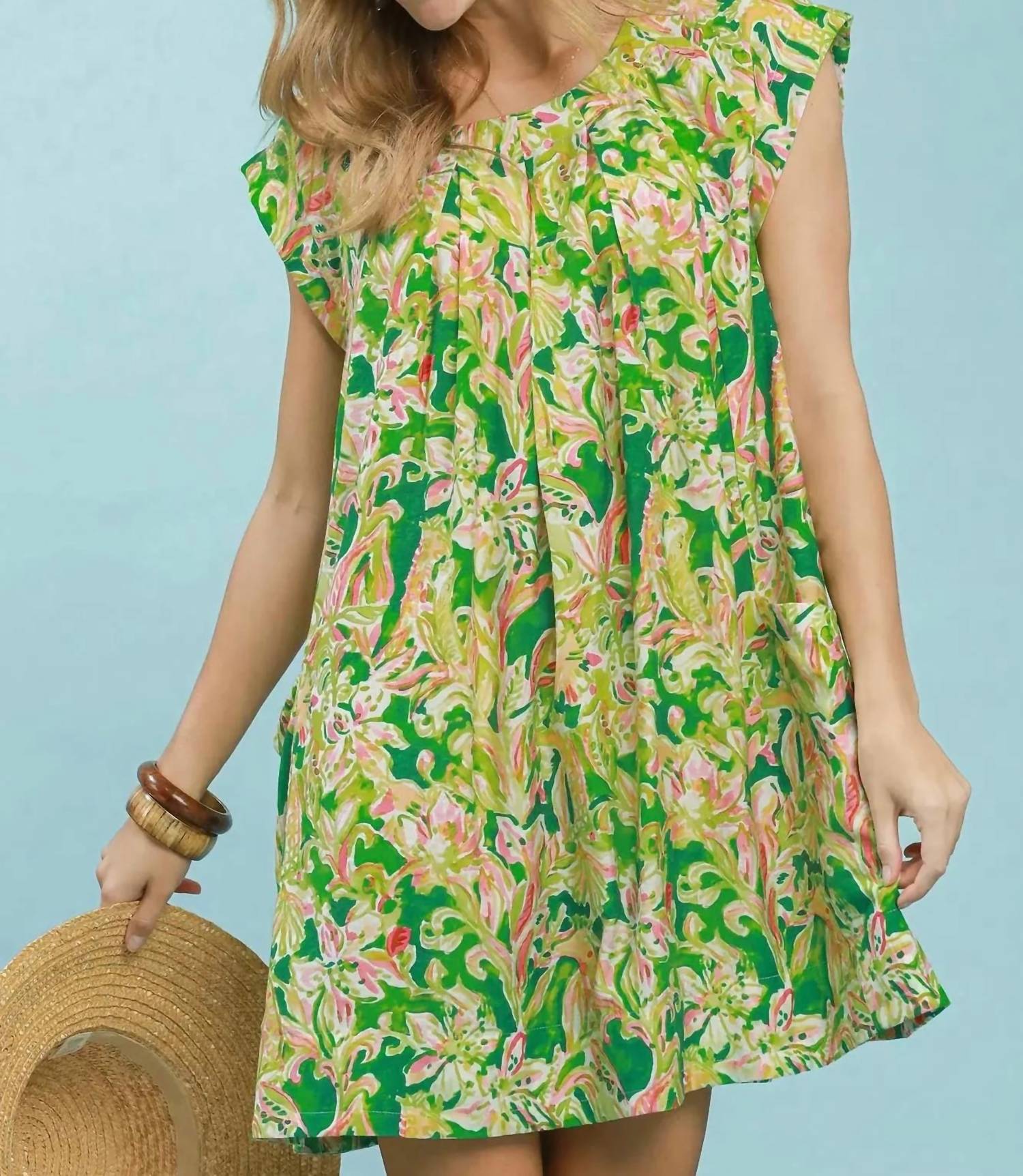 Umgee - Tropical Floral Flutter Sleeve Swing Dress