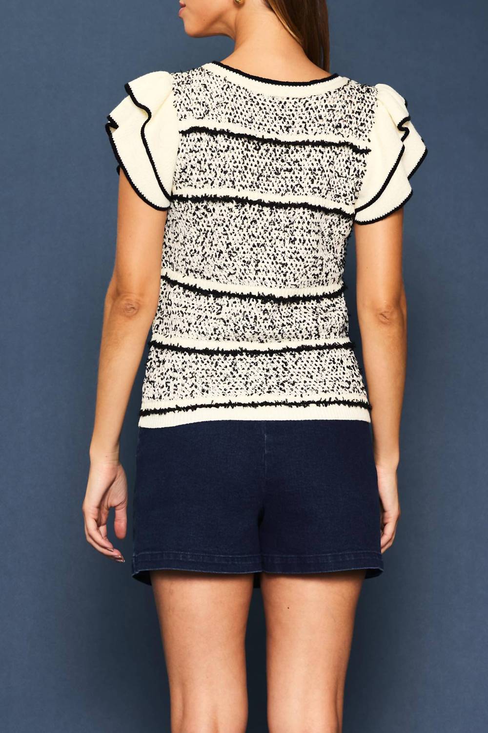 SKIES ARE BLUE Ruffled Sleeve Knit Top in ivory black - women's blouse - alternate view