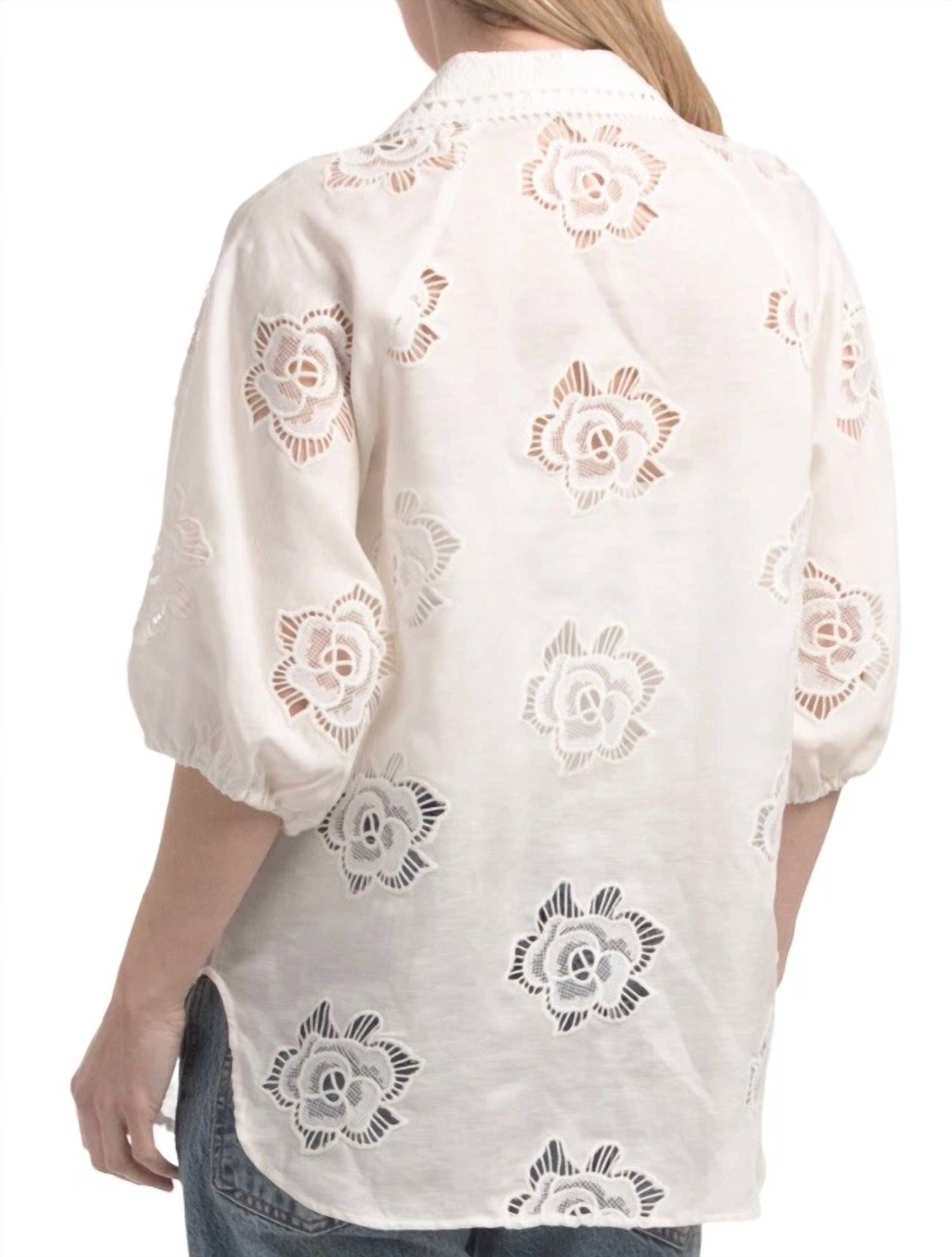 Elie Tahari - FRONT BUTTON FLORAL EMBROIDERED BLOUSE