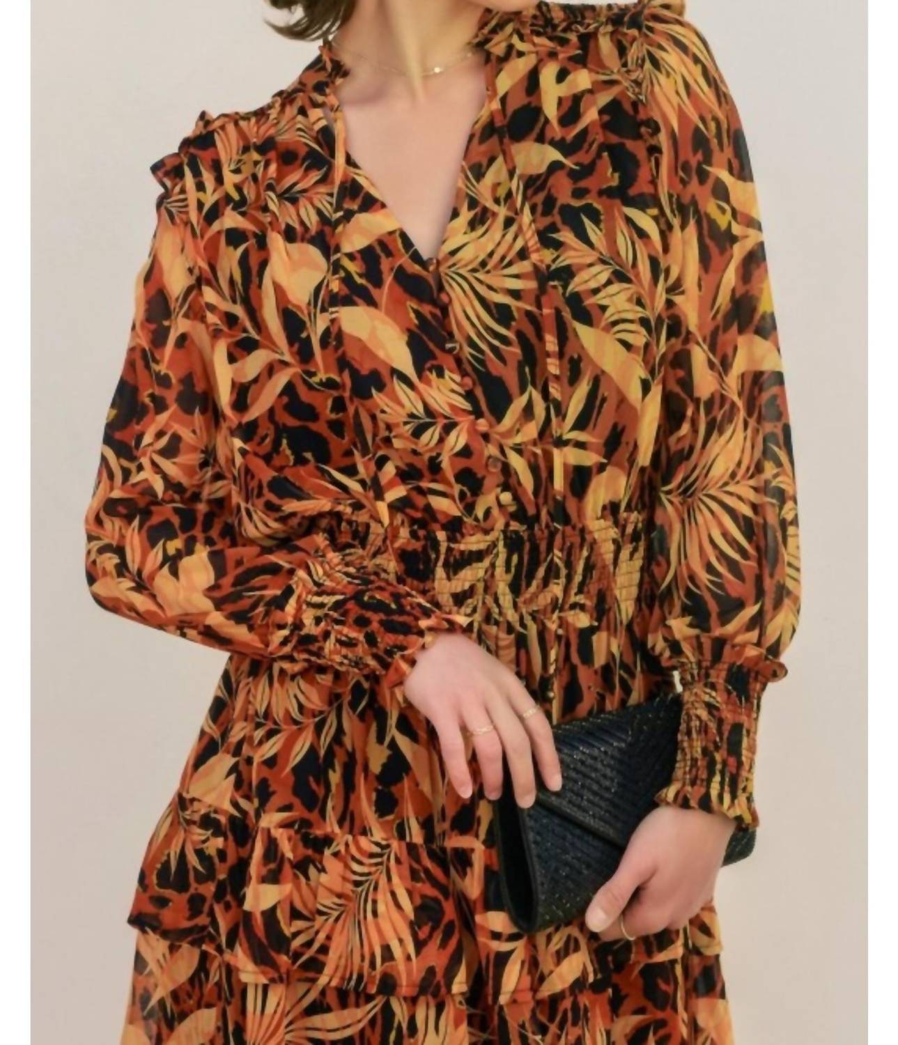 DRESS FORUM Palm Trees Shirred Waist Mini Dress in orange navy - women's dress - alternate view