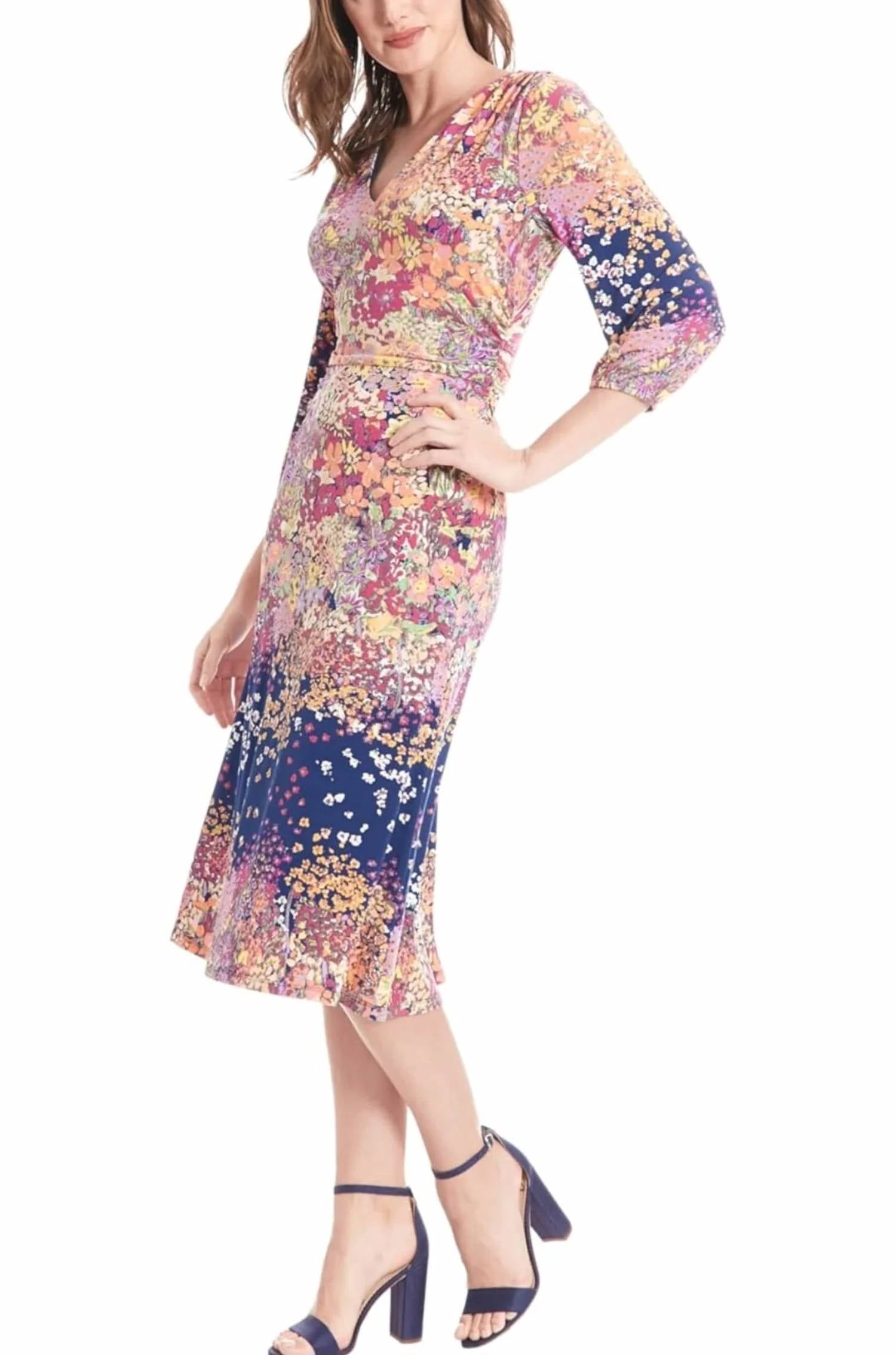 London Times - Flower Print A-Line Midi Dress