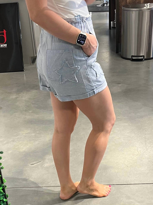 She + Sky - Washed Paperbag Shorts with Star Patch Detail