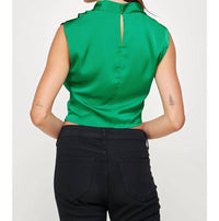 Strut & Bolt High Cowl Neck Satin Top in green - women's shirt - detail view