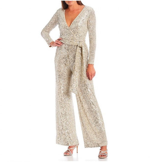 Eliza J - Sequin V-neck Long Sleeve Straight Leg Wrap Jumpsuit