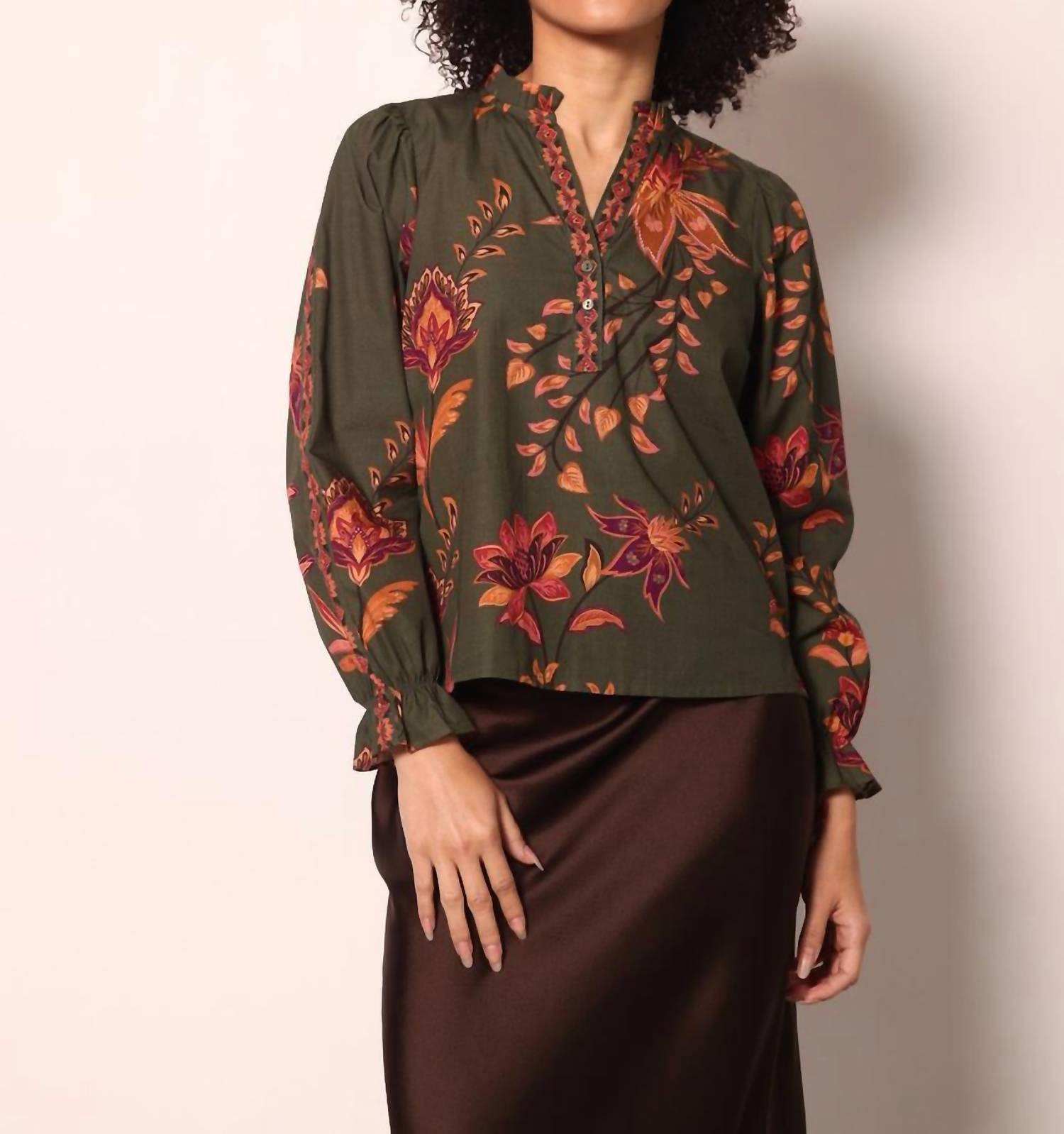 maude vivante Ashley Long Sleeve Top in olive trails - women's long sleeve top