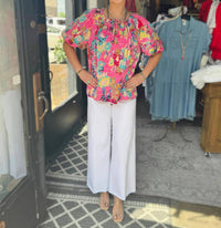 Jade - Floral Breeze Pleated Puff Sleeve Top