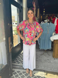 Jade - Floral Breeze Pleated Puff Sleeve Top