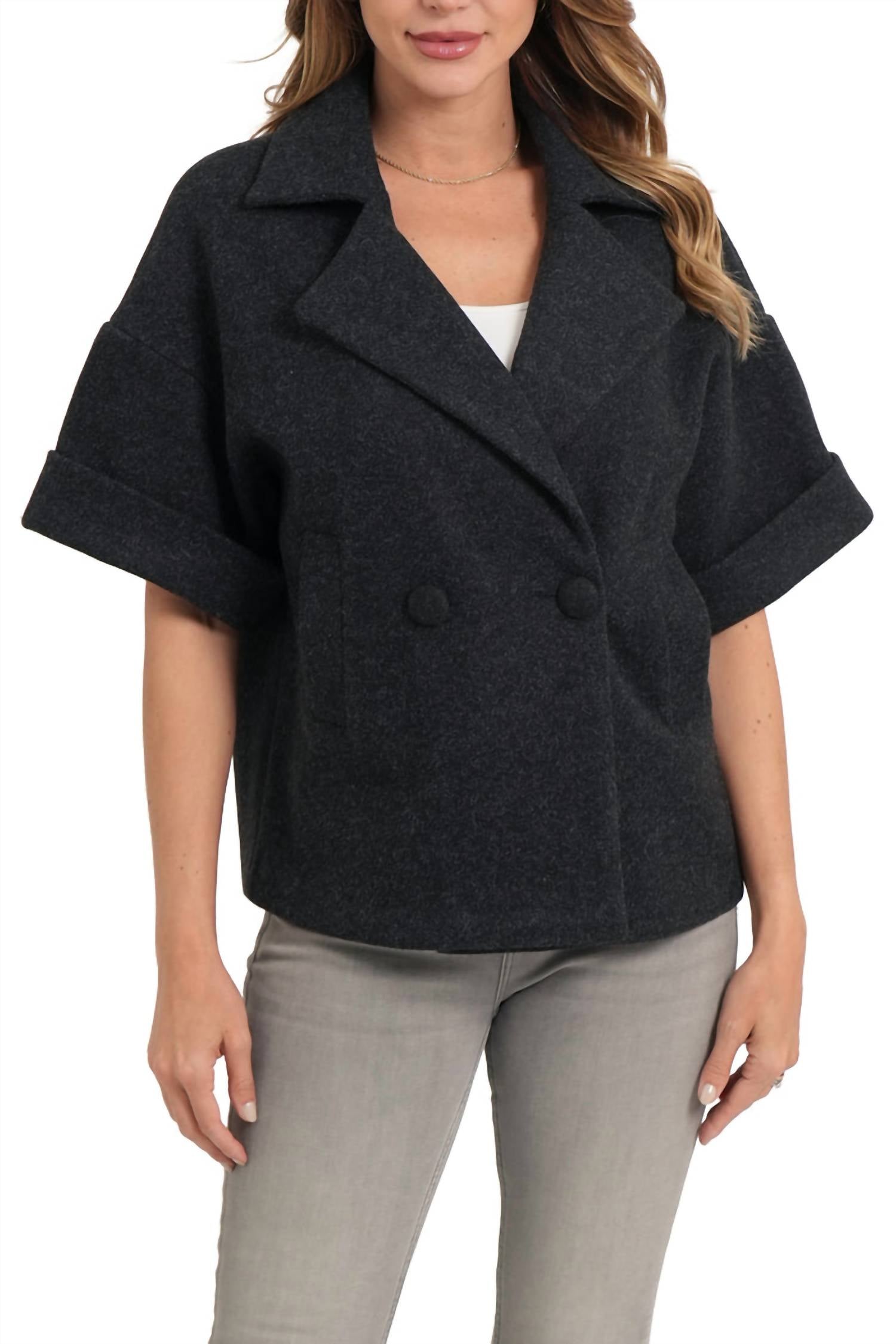 LOVE TOKEN Short Sleeve Boxy Jacket in black - women's jacket - alternate view