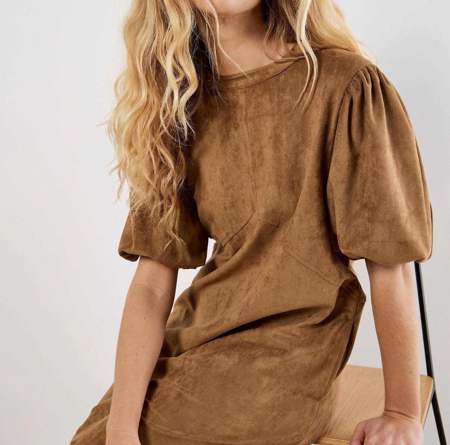 Apricot - Suede Mini Puff Sleeve Dress