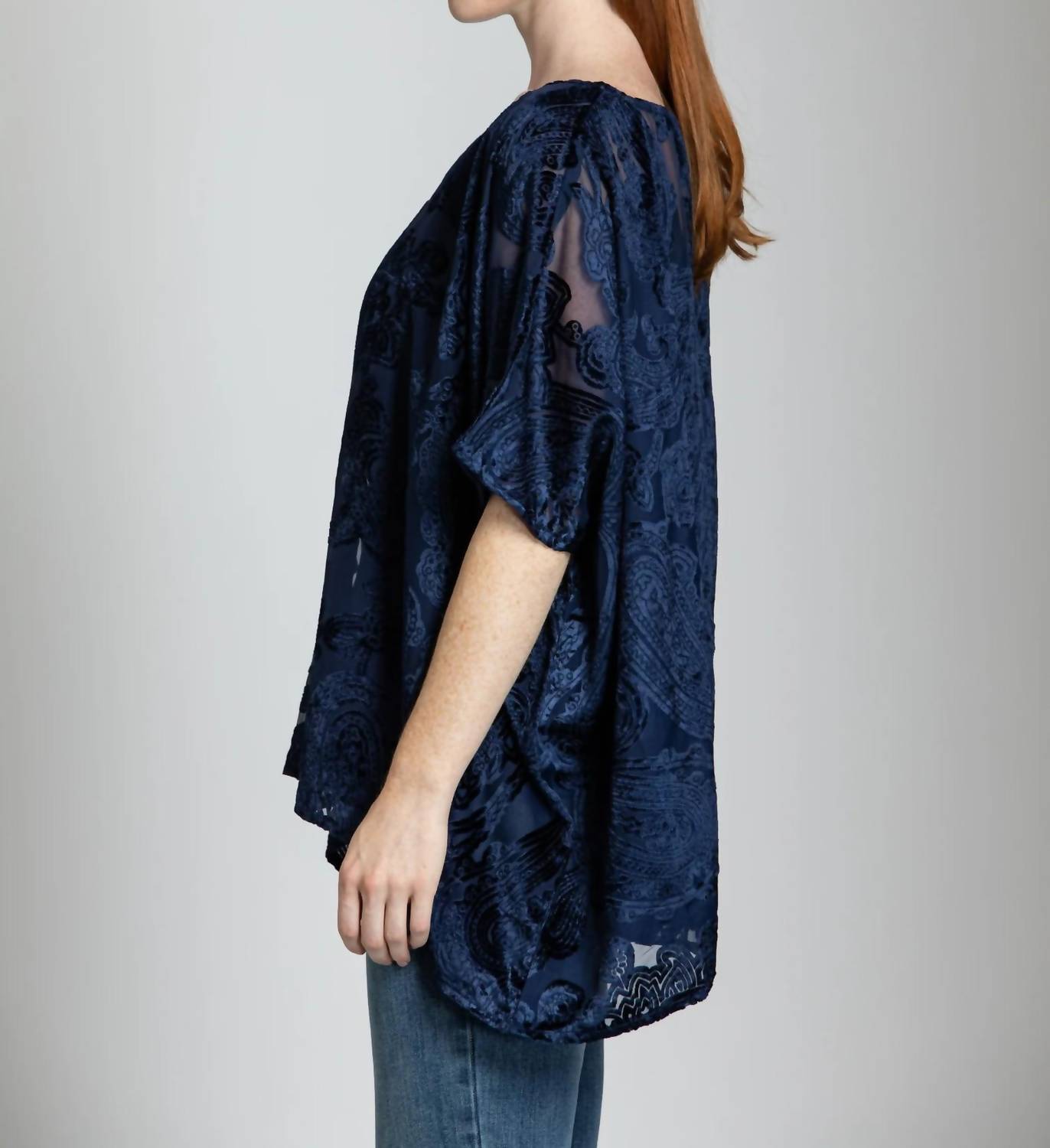 APNY Short Kaftan Burnout Velvet Top in navy velvet - women's t-shirt - alternate view
