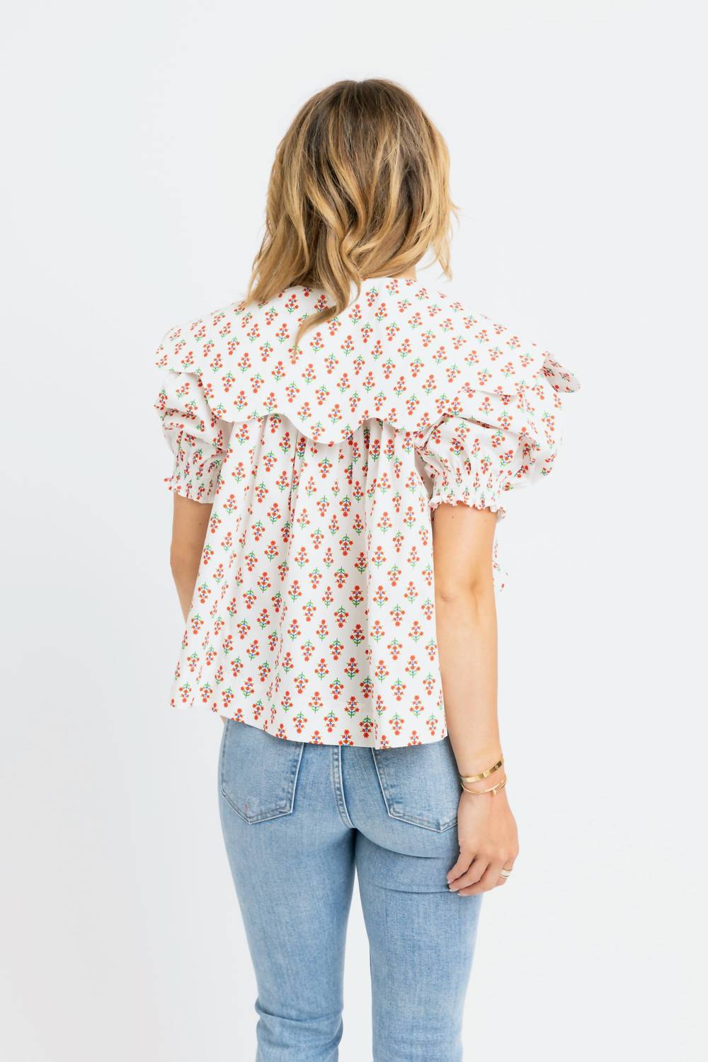Karlie Floral Collar Button Top in ivory - women's blouse - detail view