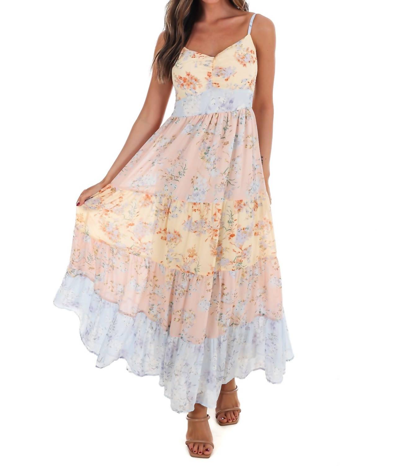 In February Garden Party Floral Maxi Dress in pastel multi - women's dress - detail view