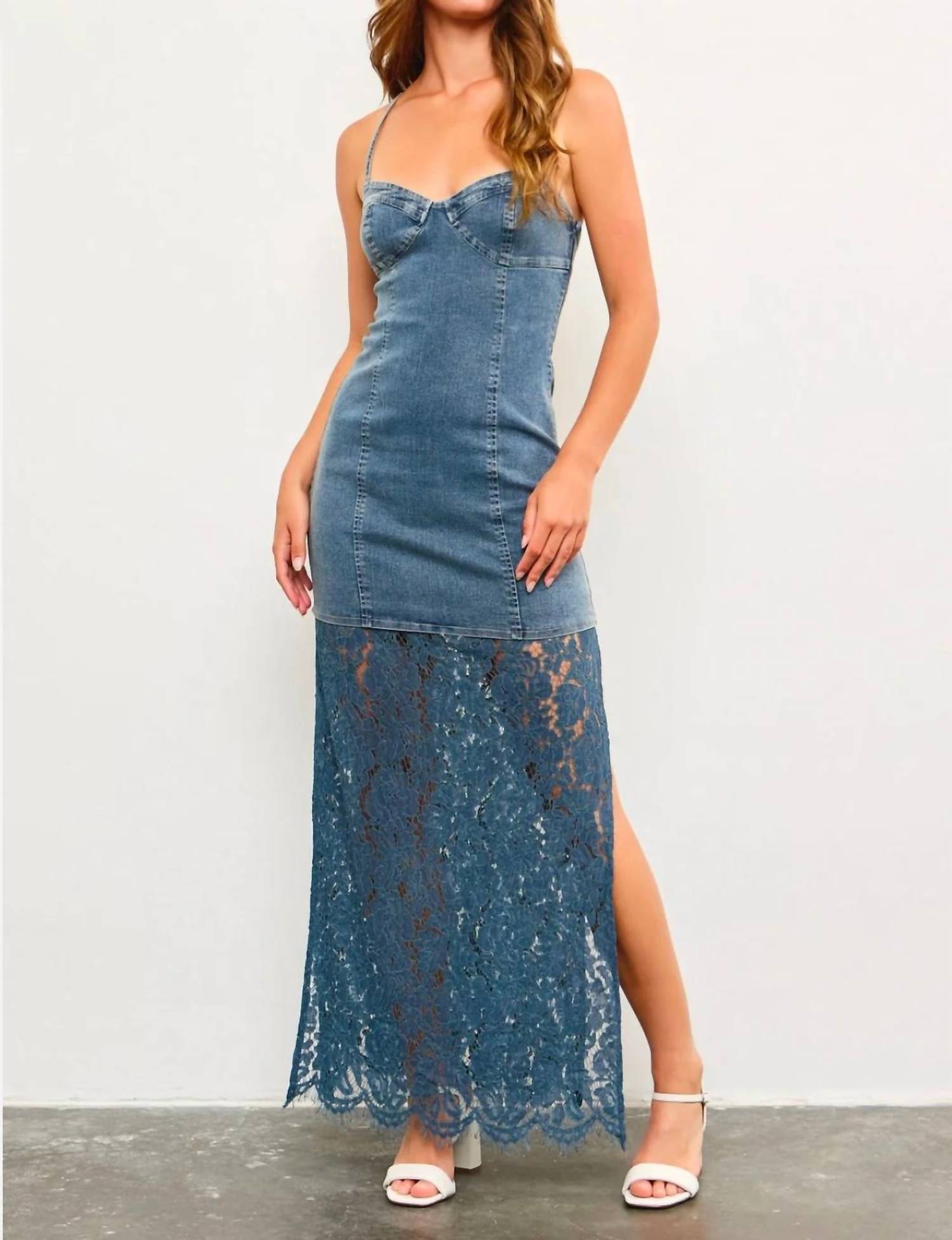 Mustard Seed - Harper Denim Corset Lace Hem Maxi Dress