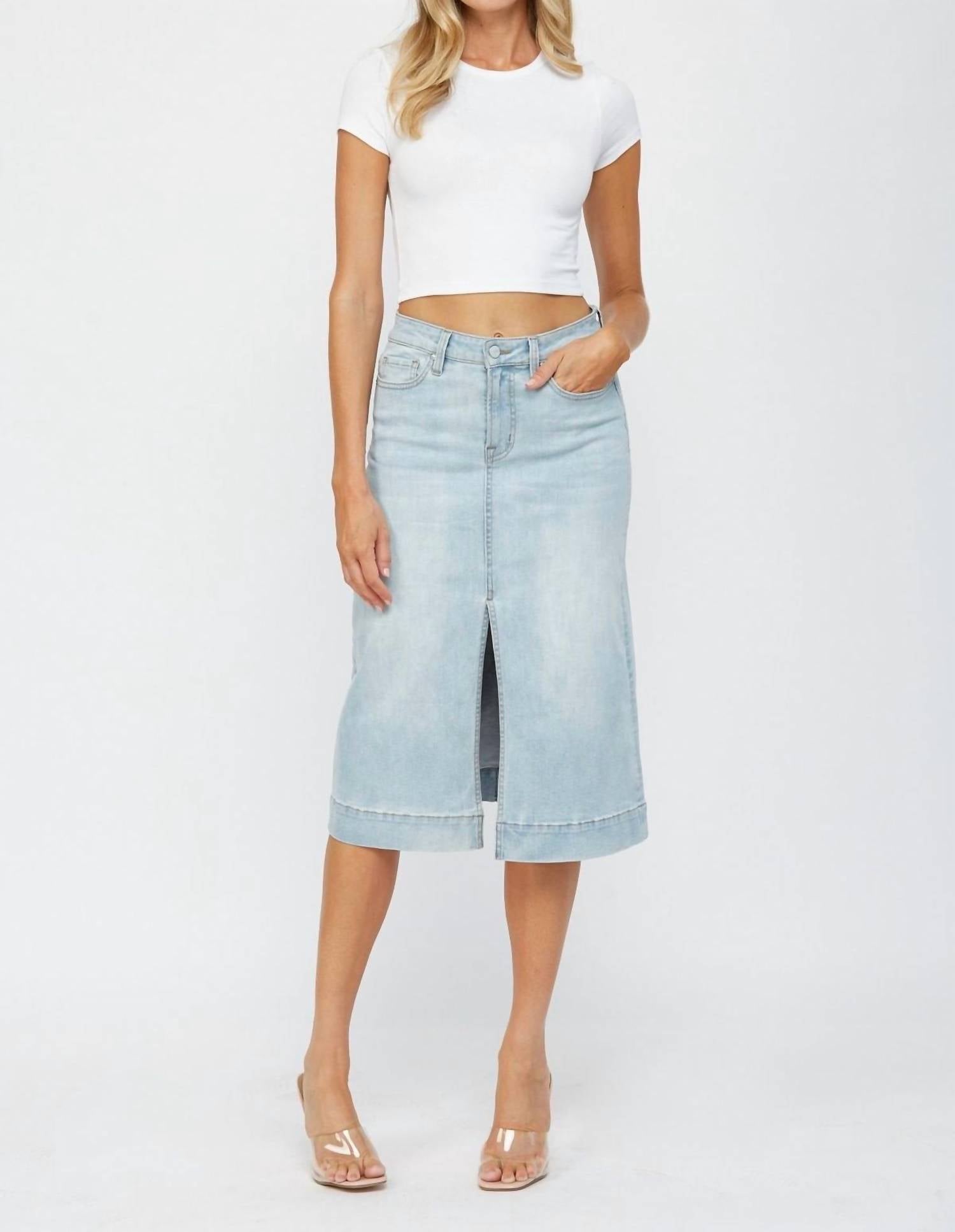 Mica Denim - Light Wash Denim Midi Skirt