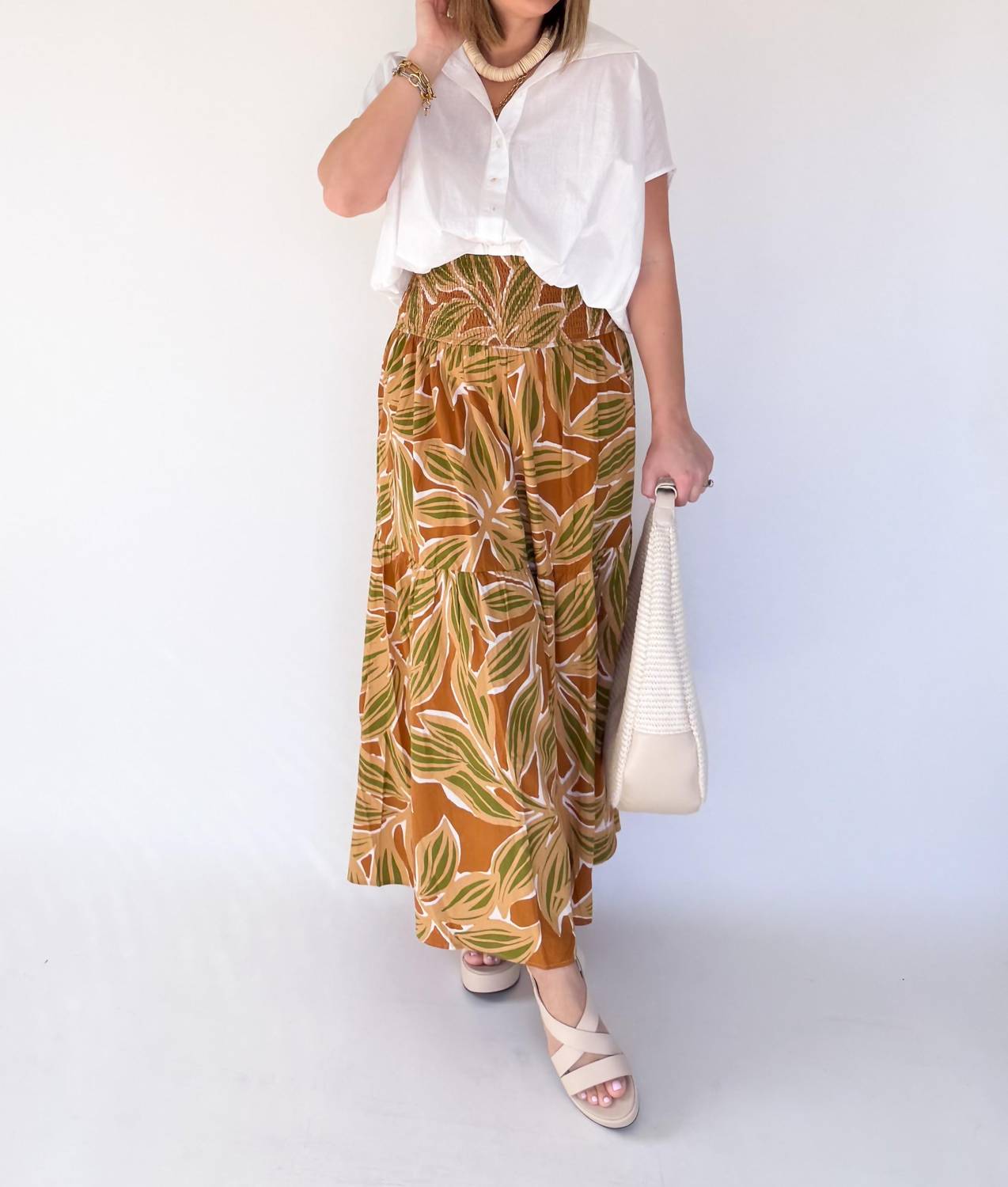 Karlie Smocked Tiered Skirt in desert palm - women's skirt