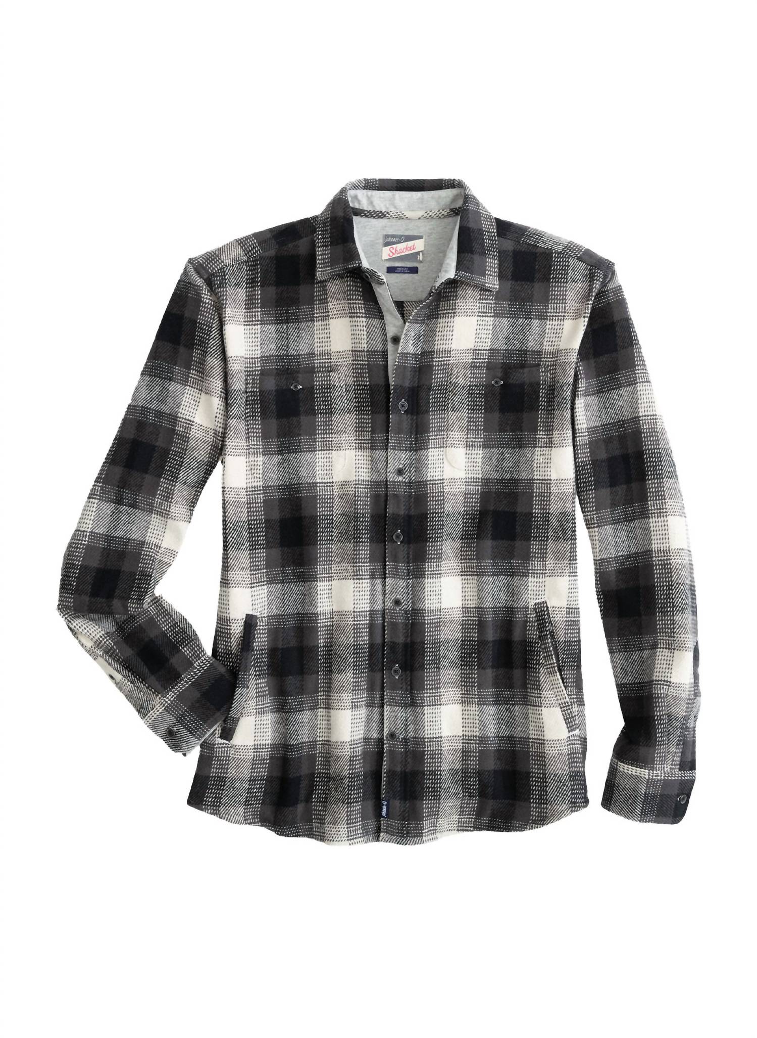 JOHNNIE-O Jerome Flannel Shacket in charcoal - men's long sleeve top - detail view