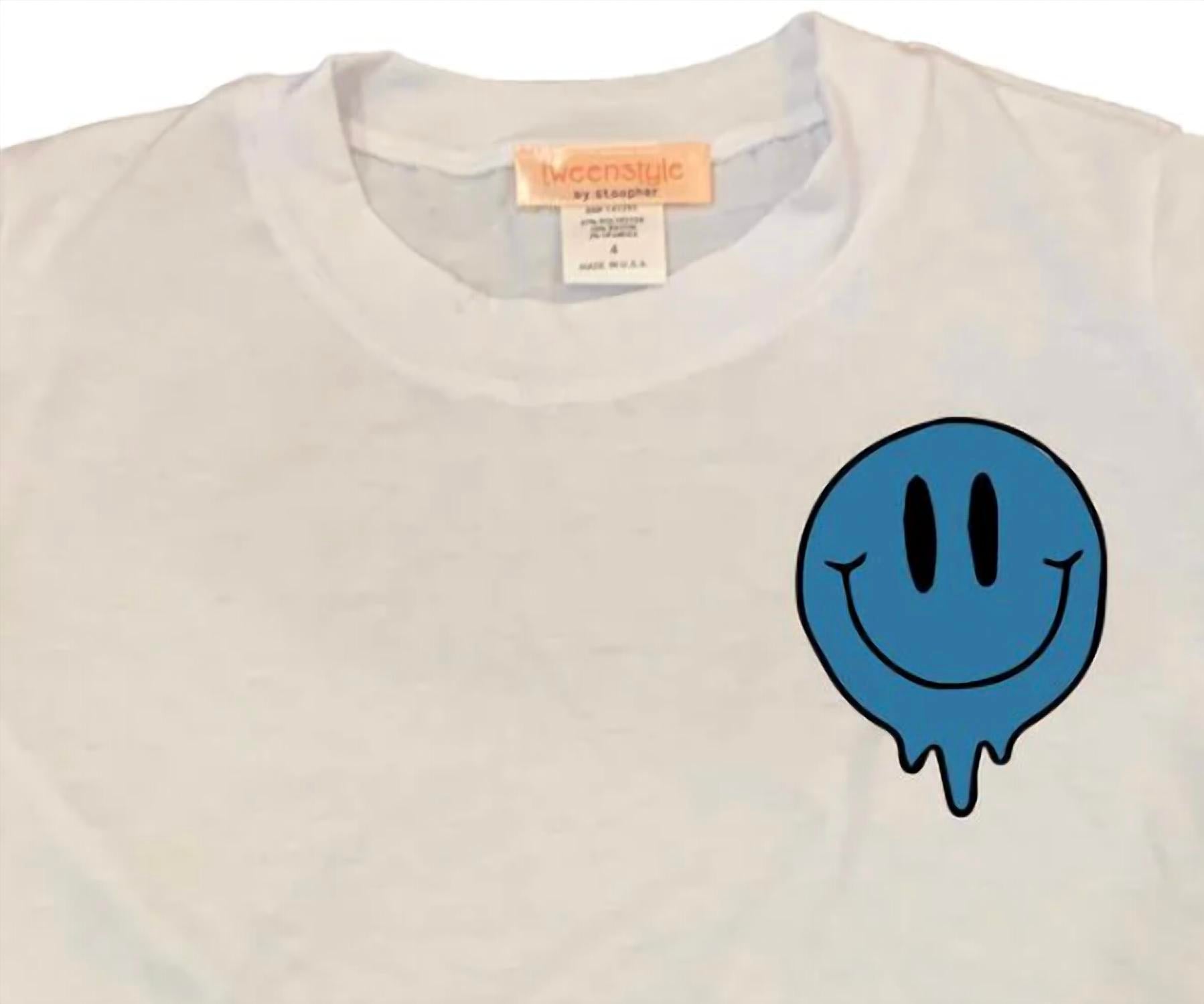 Tweenstyle Girl's Small Drippy Smile Print On Jersey Short Sleeve Tee in white - kids' t-shirt - detail view