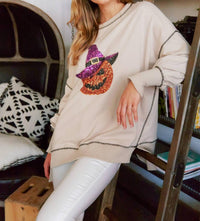 Fantastic Fawn - Sequin Halloween Pumpkin Patch Knit Sweatshirt