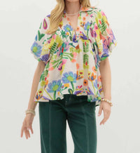Entro - Floral Smocked Collar Bubble Sleeve Top