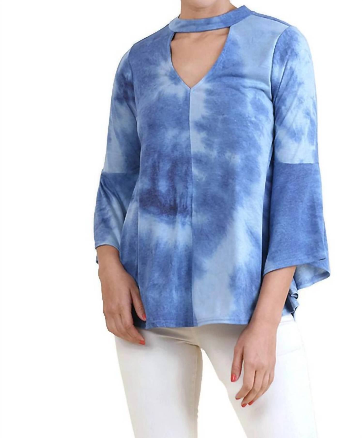 umgee Tie Dye Bell Sleeve Top in blue - women's blouse