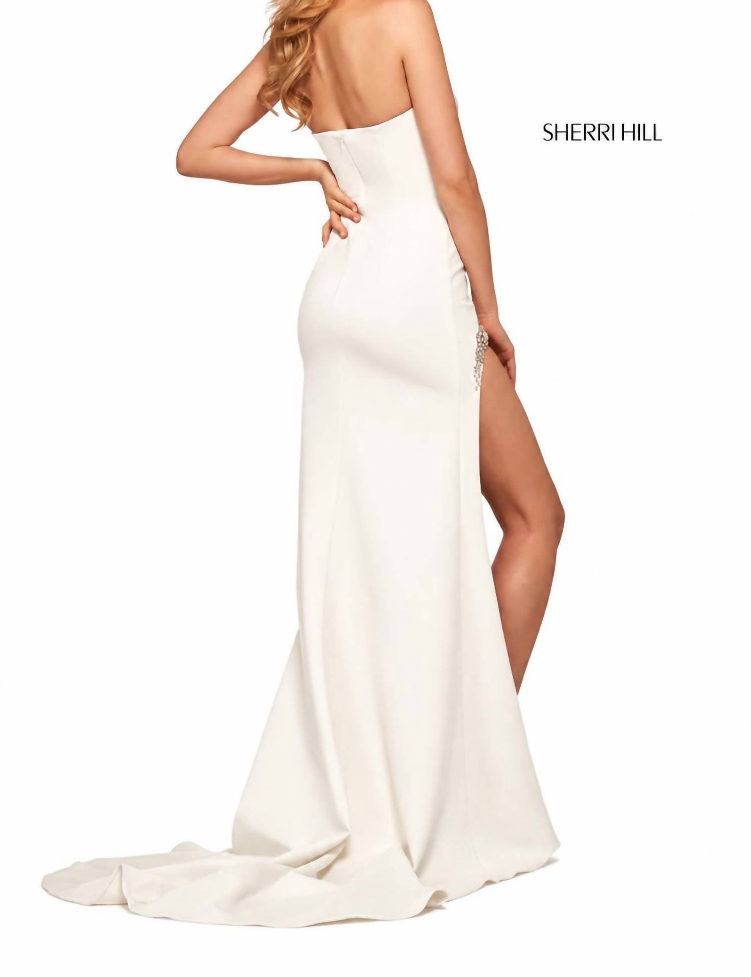 Sherri Hill Women's Strapless High Slit Rhinestone Detail Gown in ivory - women's dress - detail view