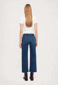 FRAME Mellow Stretch Denim Wide Leg Jeans in canal raw after - women's jeans - detail view