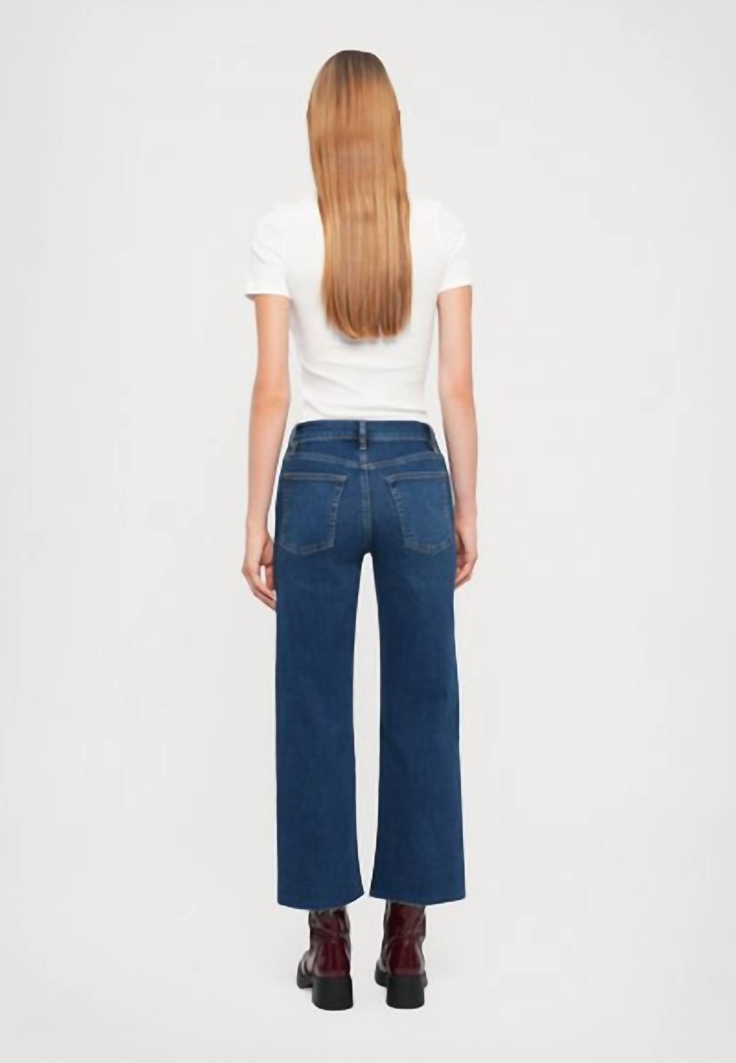 FRAME Mellow Stretch Denim Wide Leg Jeans in canal raw after - women's jeans - detail view