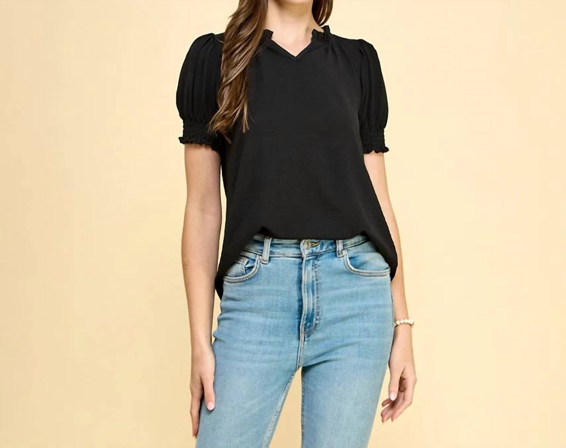 Les Amis - Ruffled V Neck With Smocked Sleeves Top