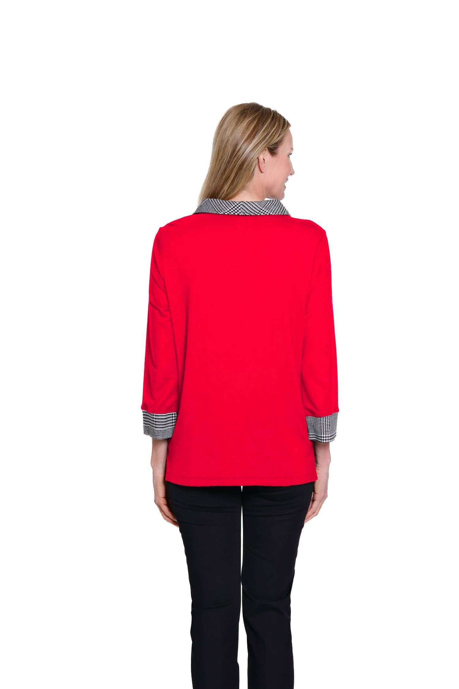 Multiples - Plaid Cuffed 3/4 Sleeve Knit Top