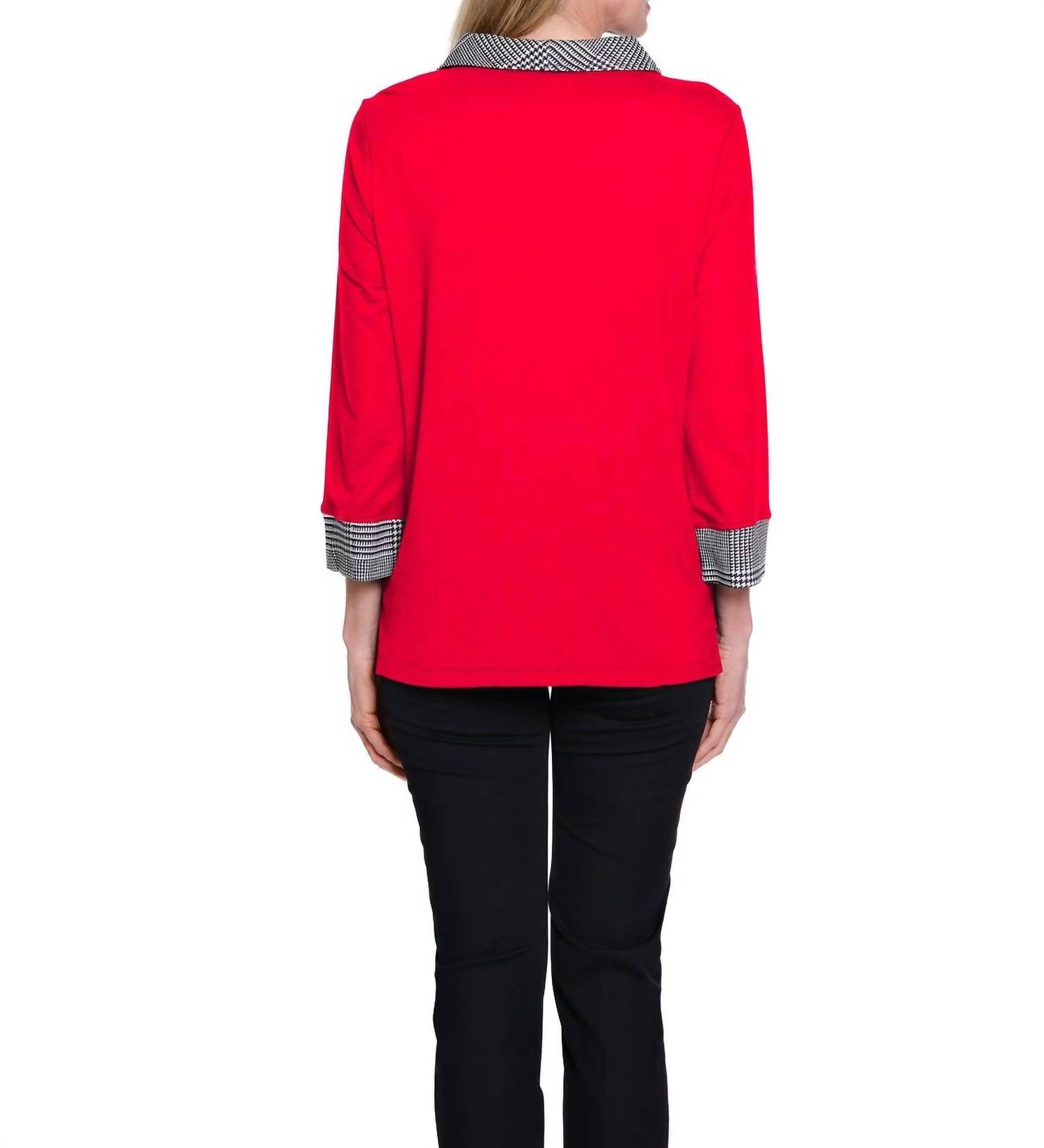 Multiples - Plaid Cuffed 3/4 Sleeve Knit Top