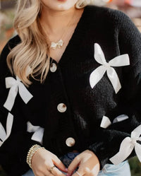 Katydid - Women's Satin Bow Long Sleeve Knit Cardigan