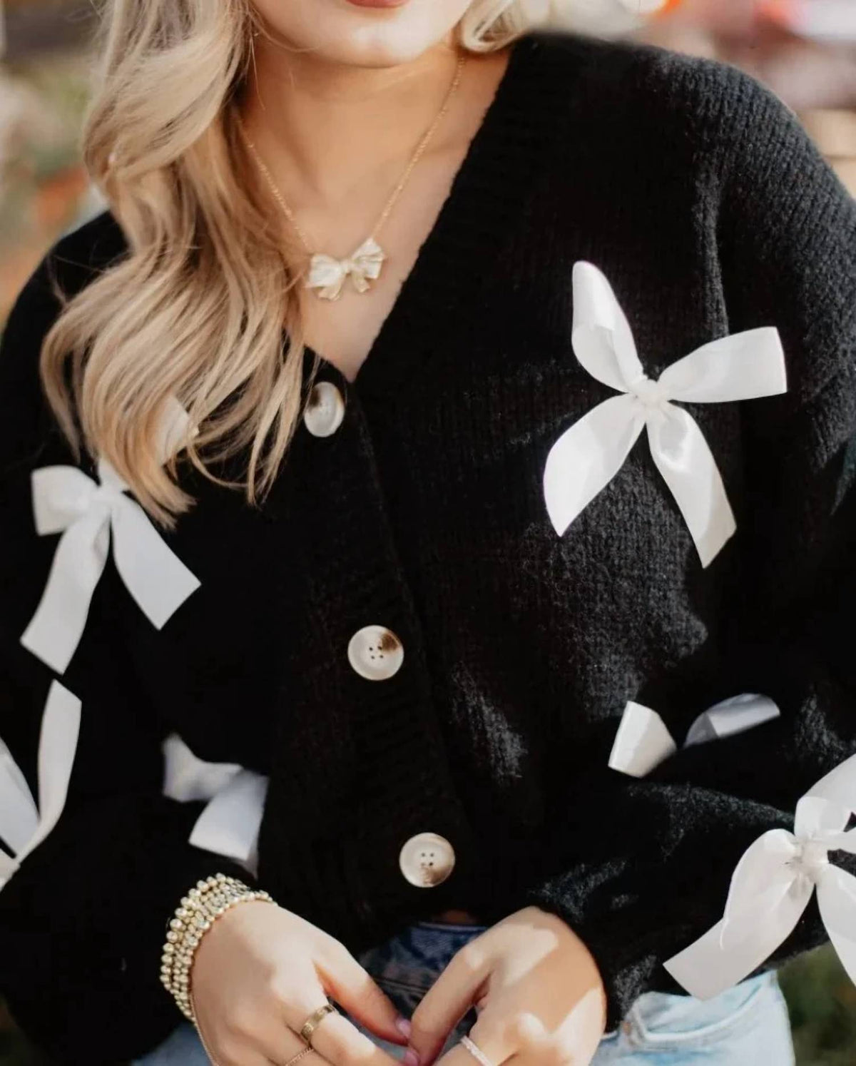 Katydid - Women's Satin Bow Long Sleeve Knit Cardigan