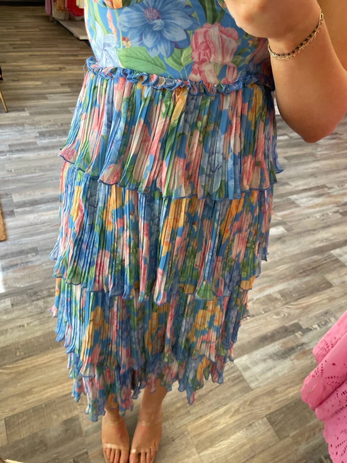 Olivaceous - Pleated Strapless Floral Dress