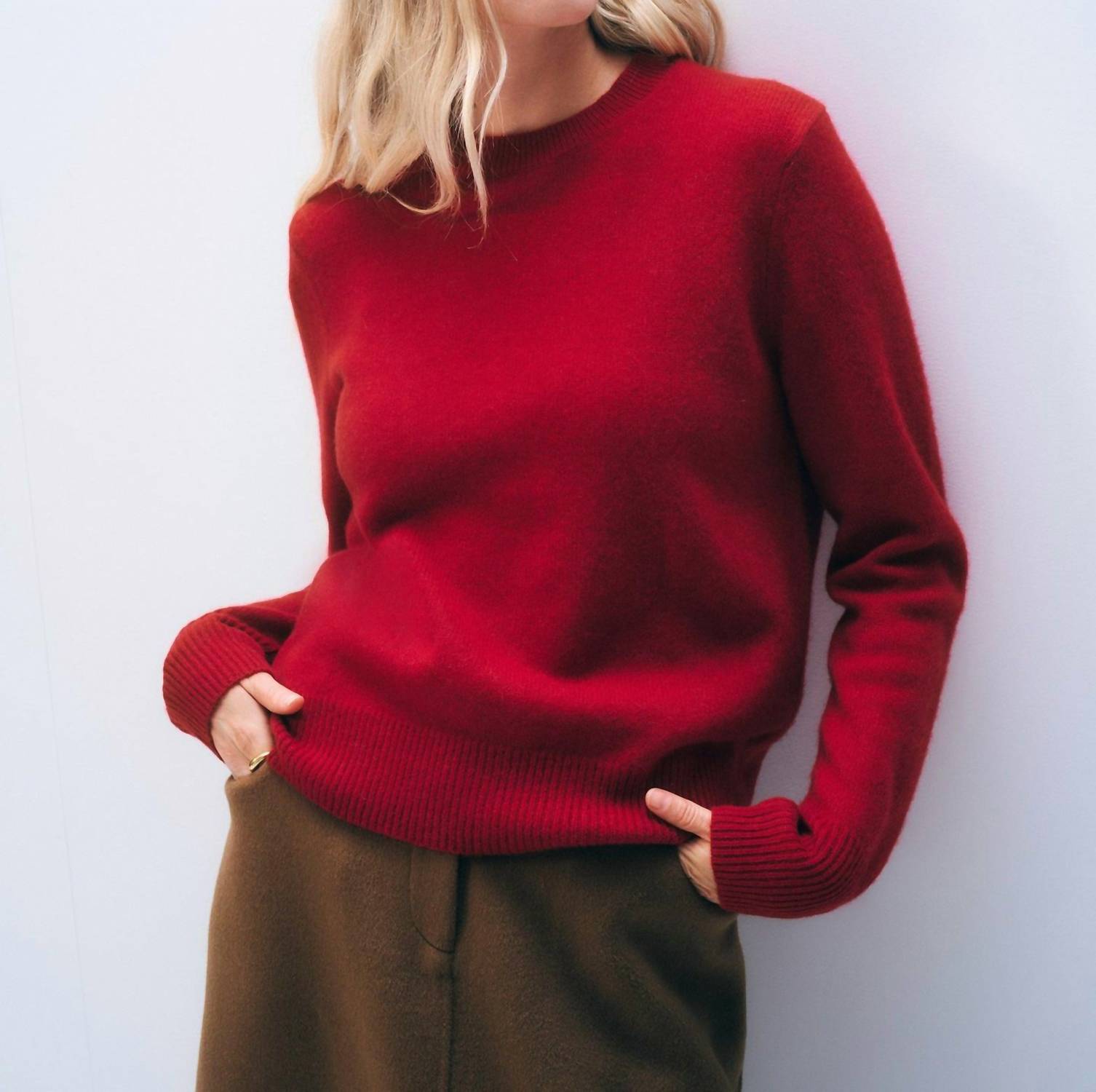 White + Warren Rib Trim Crewneck Pullover in french red - women's sweater