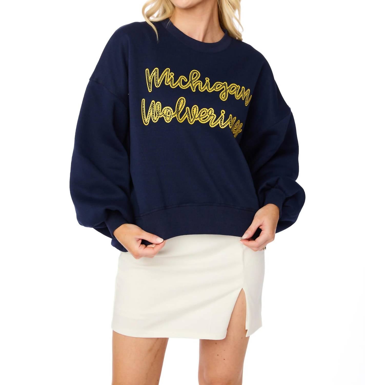 STEWART SIMMONS Michigan Wolverines Rhinestone Balloon Sleeve Pullover in navy - women's sweater