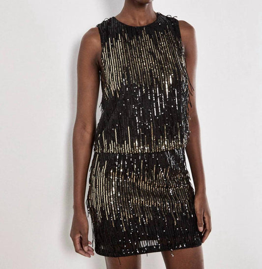 Apricot - Sequin Stripe Fringe Skirt