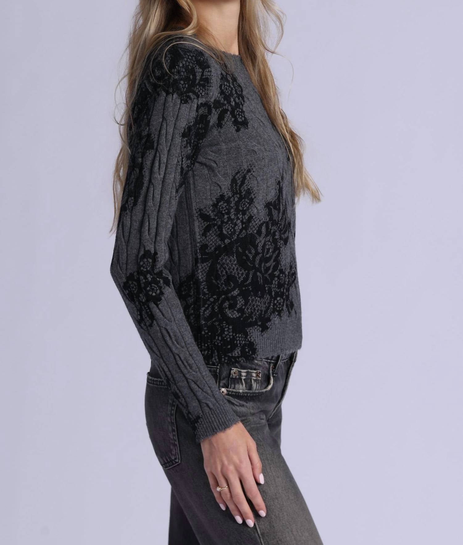 Minnie Rose Cashmere Printed Lace Cable Crew Neck Sweater in charcoal heather grey - women's sweater - alternate view