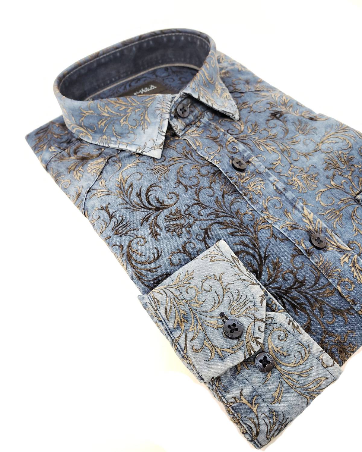 Eight X - Men's Distressed Denim Flocking Button Down Shirt