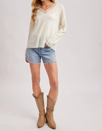 BluIvy Lace Trimmed V-neck Top in white - women's long sleeve top