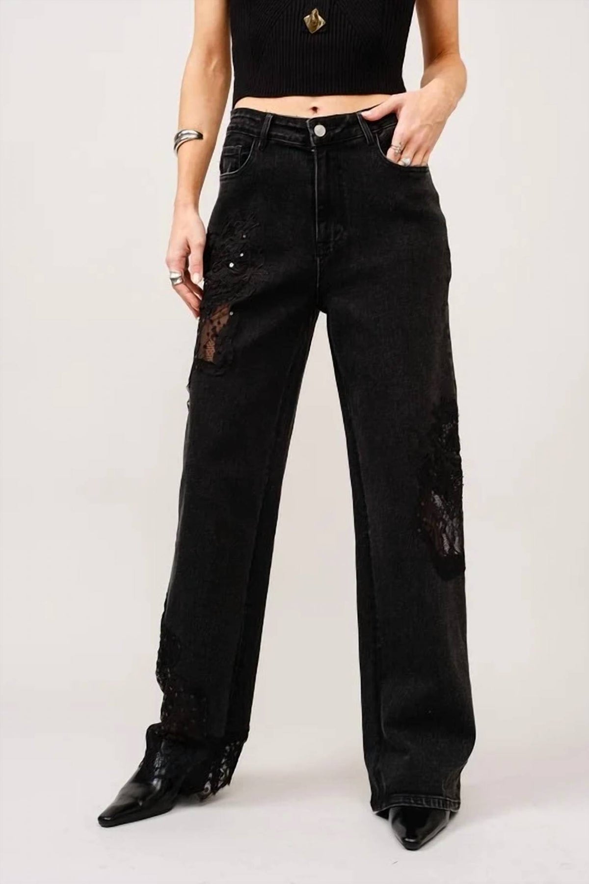 Blue B - Lace Patchwork Straight Leg Jeans
