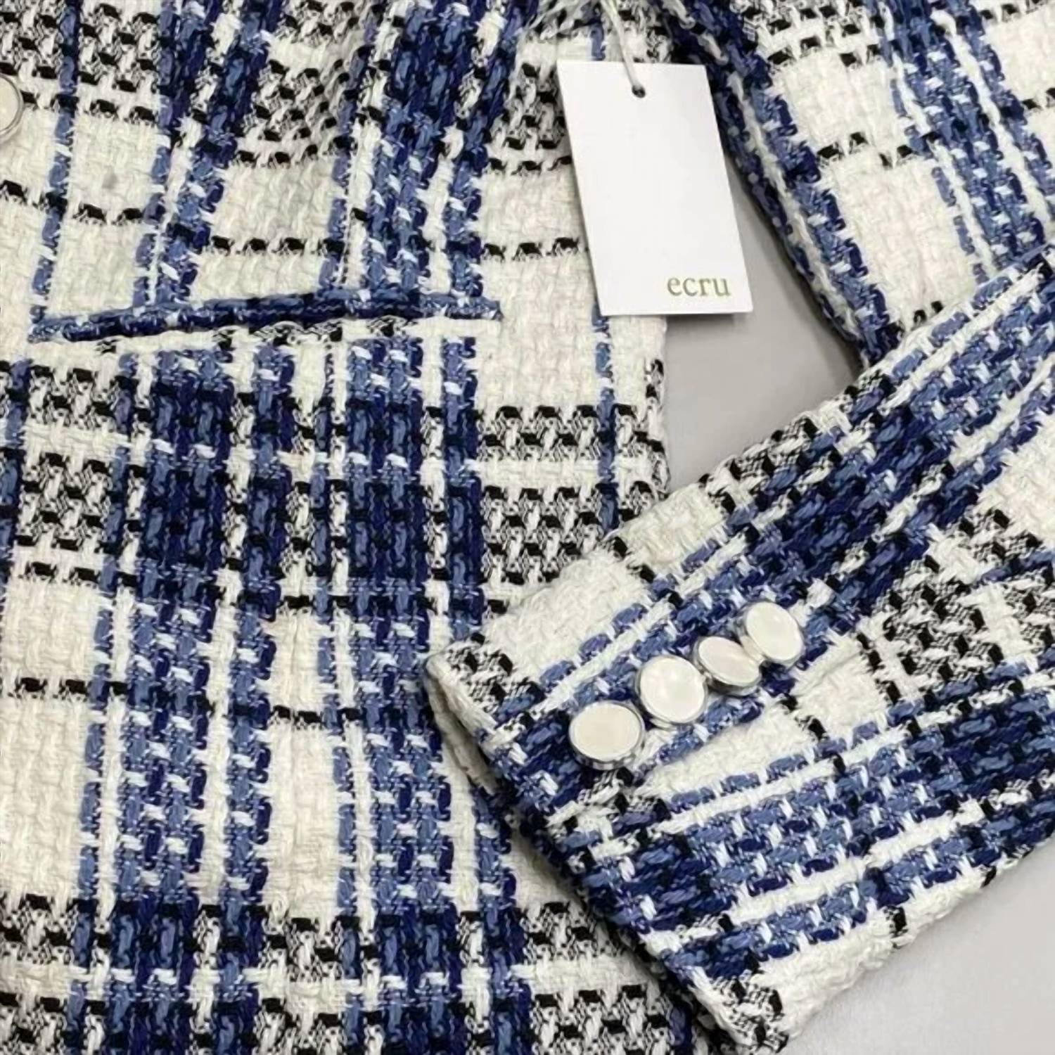 Ecru Women's Tweed Double Breasted Plaid Blazer in blue white - women's jacket - view 9