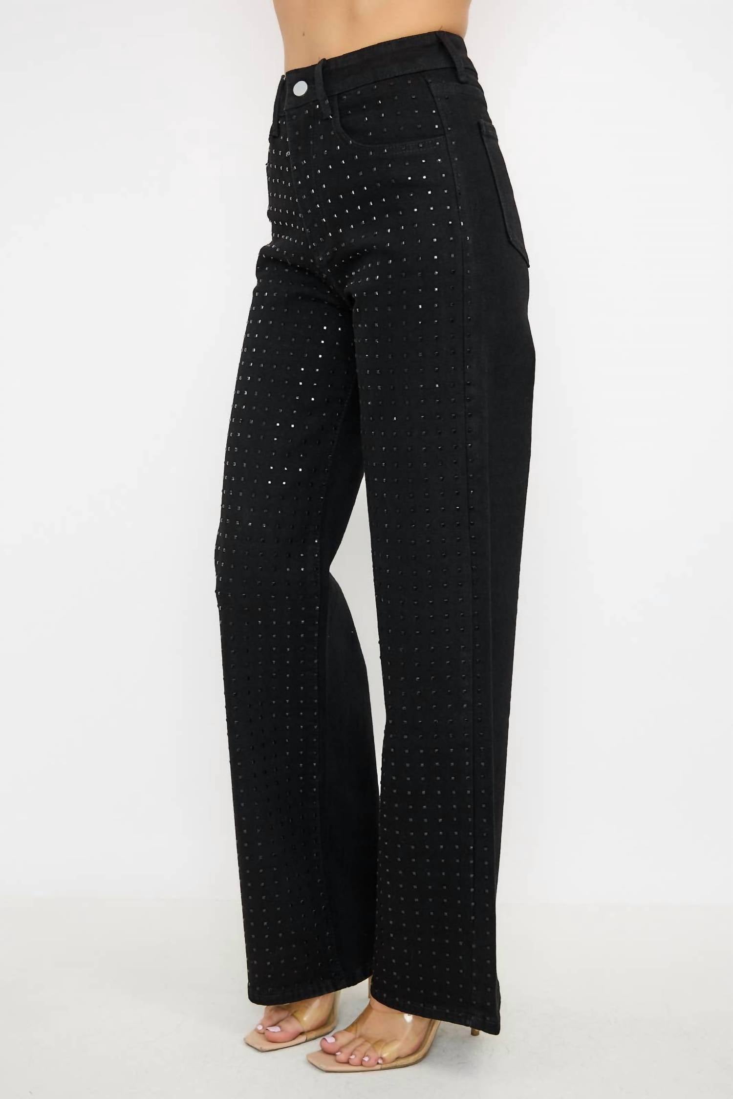 Kiwi - Rhinestone High Waisted Stretch Wide Leg Denim Pants