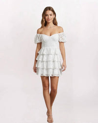 Olivaceous - Puff Sleeve Tiered Lace Dress