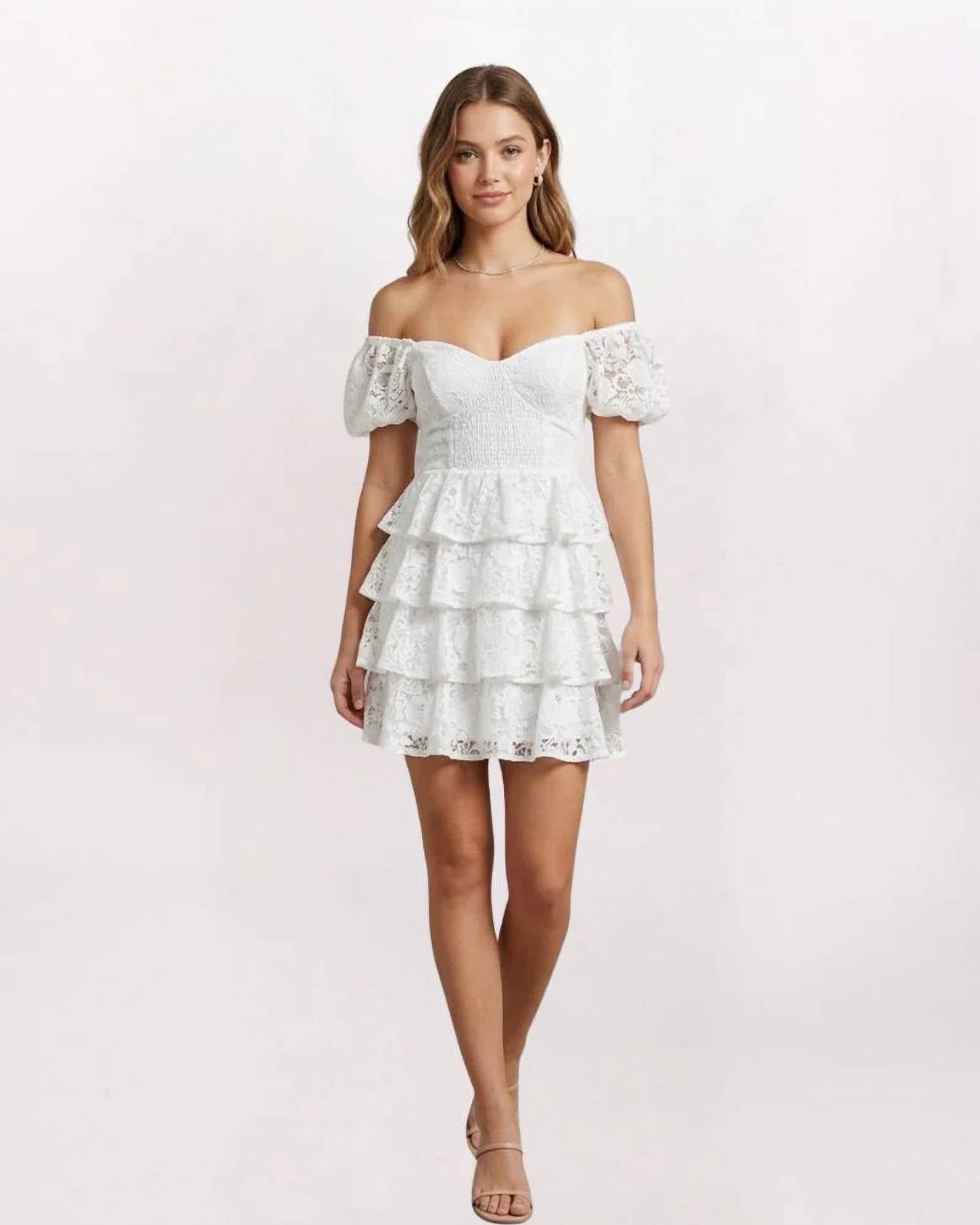 Olivaceous - Puff Sleeve Tiered Lace Dress