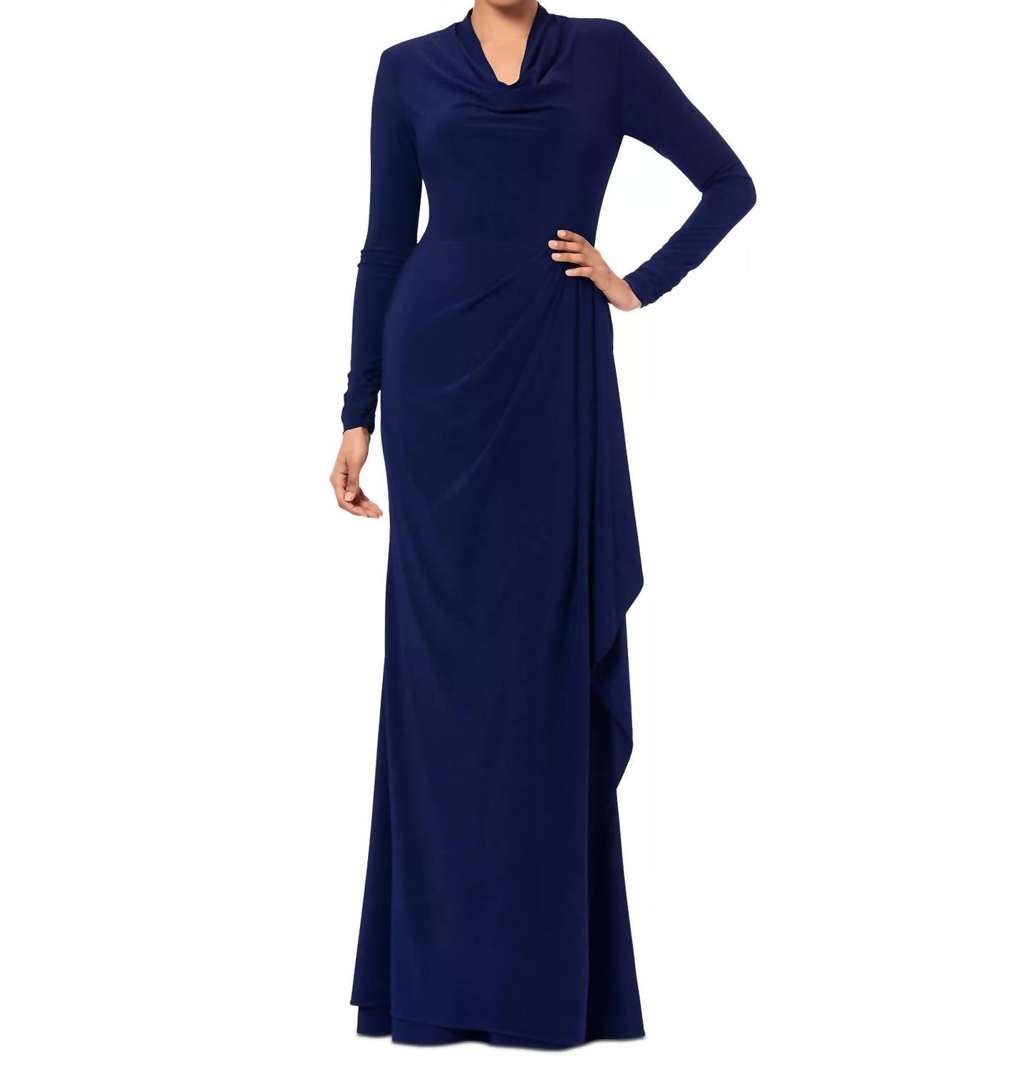 Betsy & Adam Women's Cowlneck Draped Long-sleeve Gown in blue - women's dress