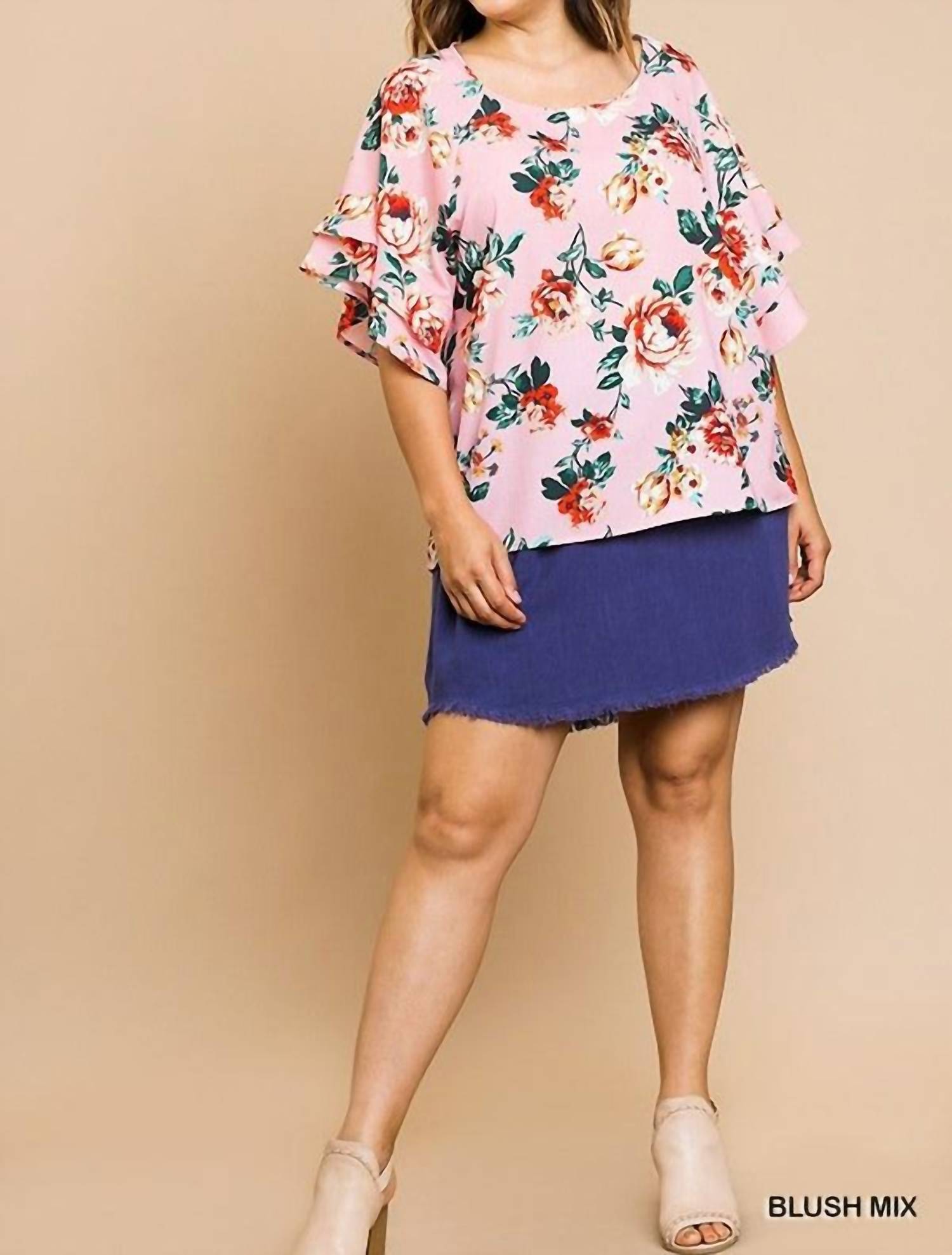 Umgee - Floral Ruffle Sleeve Blouse - Plus