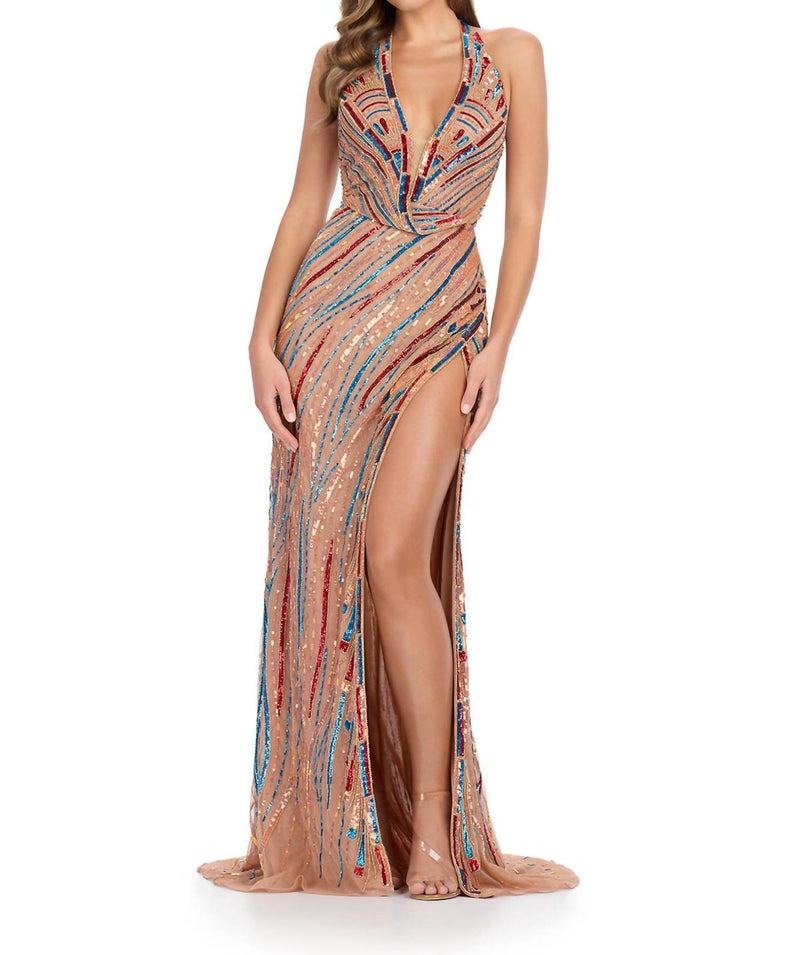 ASHLEYlauren Halter Neckline V-neckline Gown With Slit in multi dark nude - women's dress
