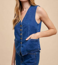 AnnieWear Penny Sleeveless Denim Vest in blue - women's blouse - detail view