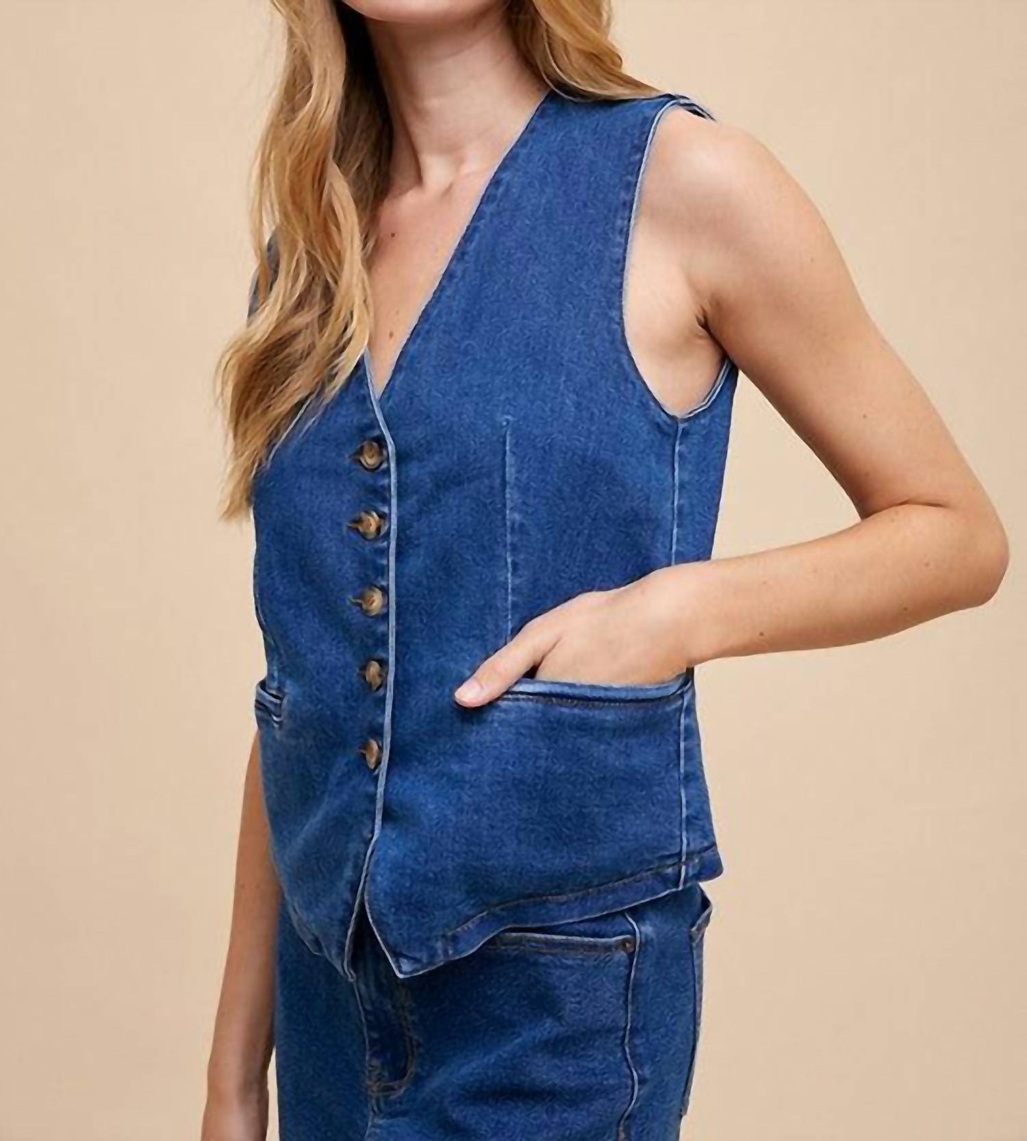 AnnieWear Penny Sleeveless Denim Vest in blue - women's blouse - detail view